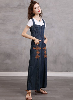 Square Neck High Waisted Embroidered Denim Overalls