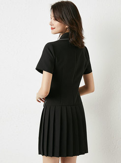 Lapel Double-breasted Pleated Contrast Piping Dress