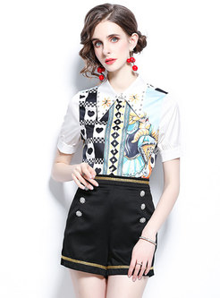 Puff Sleeve Print Shirt Double-breasted Hot Pant Suits