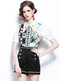 Puff Sleeve Print Shirt Double-breasted Hot Pant Suits
