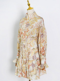 Vintage Mock Neck 3/4 Sleeve Drawcord Summer Dress