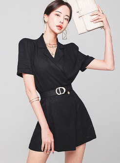 Work Notched Collar Puff Sleeve Belted Rompers