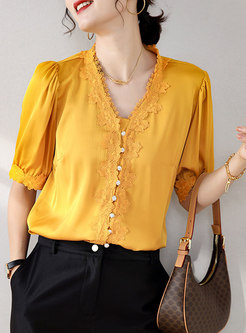 V-neck Embroidered Single-breasted Silk Blouse