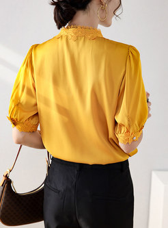 V-neck Embroidered Single-breasted Silk Blouse