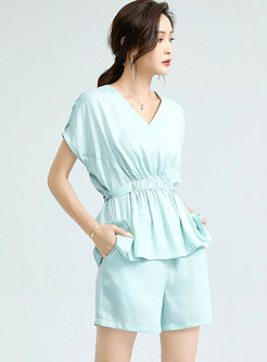 Casual Solid V-neck Pullover Straight Pant Suits