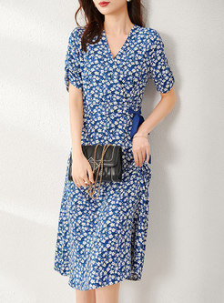 Blue Floral Bowknot Tie A Line Midi Dress