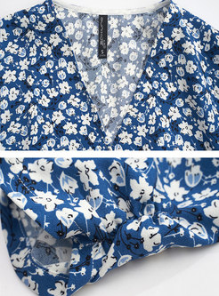 Blue Floral Bowknot Tie A Line Midi Dress
