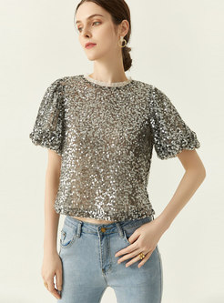 Puff Sleeve Sequin Mesh Pullover Blouse