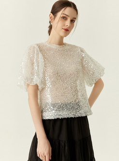 Puff Sleeve Sequin Mesh Pullover Blouse