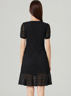 Black Lace Openwork A Line Plus Size Dress