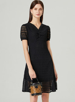 Black Lace Openwork A Line Plus Size Dress