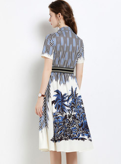 Turn-down Collar Striped Print A Line Shirt Dress