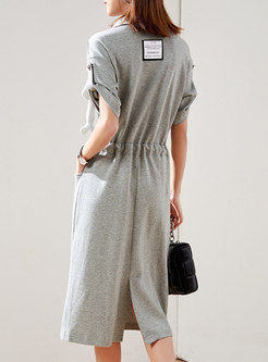 Chic Print Half Sleeve Drawstring Shirt Dress
