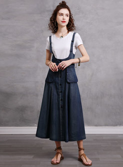 Single-breasted Pocket Denim Maxi Skirt