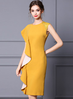 Yellow Sleeveless Ruffle Bodycon Cocktail Dress