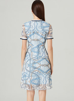 Blue V-neck Print Patchwork A Line Lace Dress