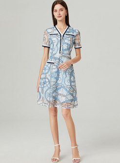 Blue V-neck Print Patchwork A Line Lace Dress