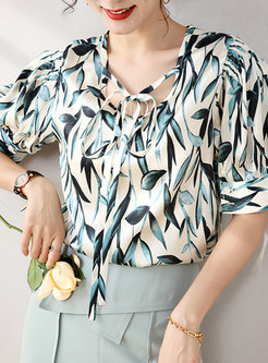 Puff Sleeve Leaves Print Silk Pullover Blouse