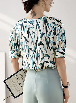 Puff Sleeve Leaves Print Silk Pullover Blouse