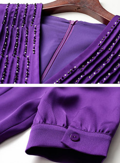 Purple Beaded V-neck Smocked Asymmetric Cocktail Dress