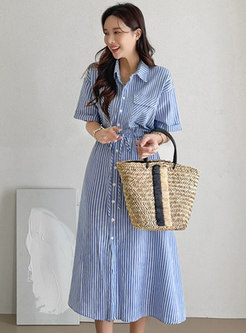 Striped Single-breasted Wrap Casual Shirt Dress
