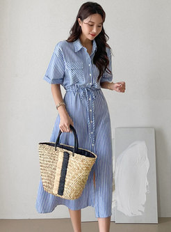 Striped Single-breasted Wrap Casual Shirt Dress