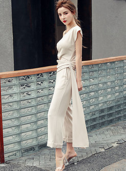Casual Pullover Blouse & High Waisted Wide Leg Pants