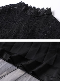 Black Mock Neck Lace Patchwork Mesh Dress