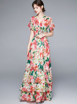Floral V-Neck Layer Blouson Dress