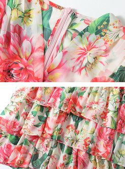 Floral V-Neck Layer Blouson Dress