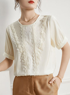 Crew Neck Embroidered Loose Silk T-shirt