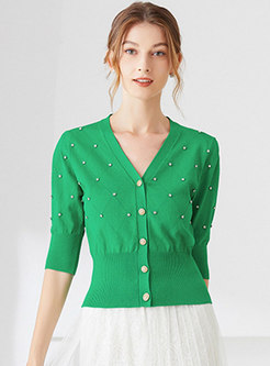 Green Rhinestone Embellished Knitted Top