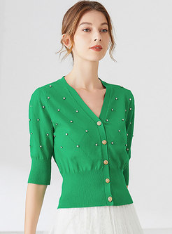 Green Rhinestone Embellished Knitted Top