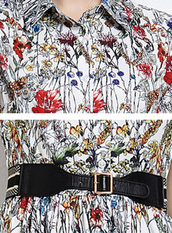 Turn-down Collar Belted Floral Skater Dress