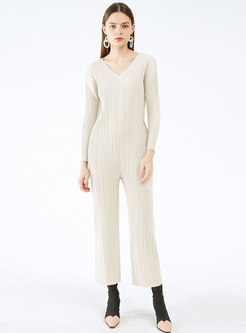 Solid V-neck Long Sleeve Pleated Jumpsuits