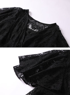Square Neck Lace Openwork Black Skater Dress