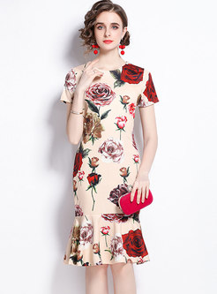 Elegant Short Sleeve Print Bodycon Peplum Dress