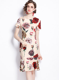 Elegant Short Sleeve Print Bodycon Peplum Dress