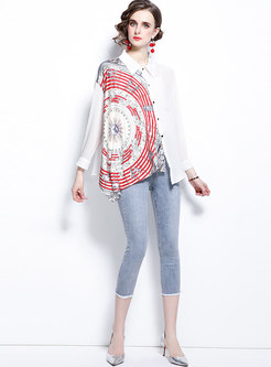 Print Chiffon Asymmetric Shirt & High Waisted Capri Jeans