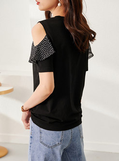 Black Cold Shoulder Ruffle Polka Dot T-shirt