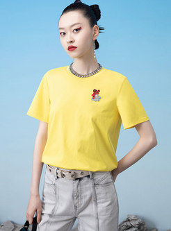 Yellow Crew Neck Print Pullover T-shirt