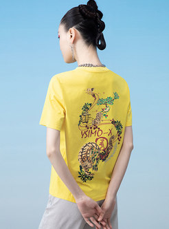 Yellow Crew Neck Print Pullover T-shirt