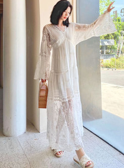 White Long Sleeve Lace Embroidered Maxi Dress