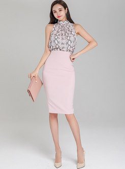 Pink Animal Print Chiffon Blouse & Sheath Skirt