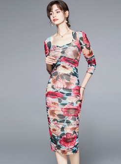 Square Neck 3/4 Sleeve Print Ruched Bodycon Dress