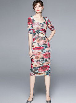Square Neck 3/4 Sleeve Print Ruched Bodycon Dress