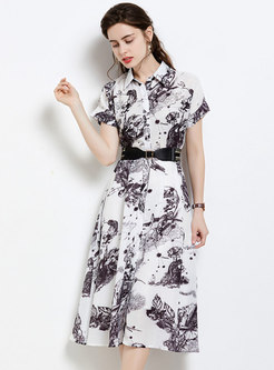 Chic Print Belted Single-breasted Shirt Dress