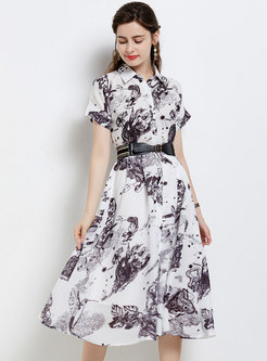 Chic Print Belted Single-breasted Shirt Dress