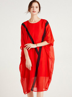 Red Plus Size Color-blocked Shift Midi Dress