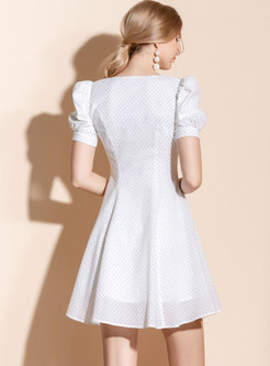 White Puff Sleeve Polka Dot A Line Mini Dress